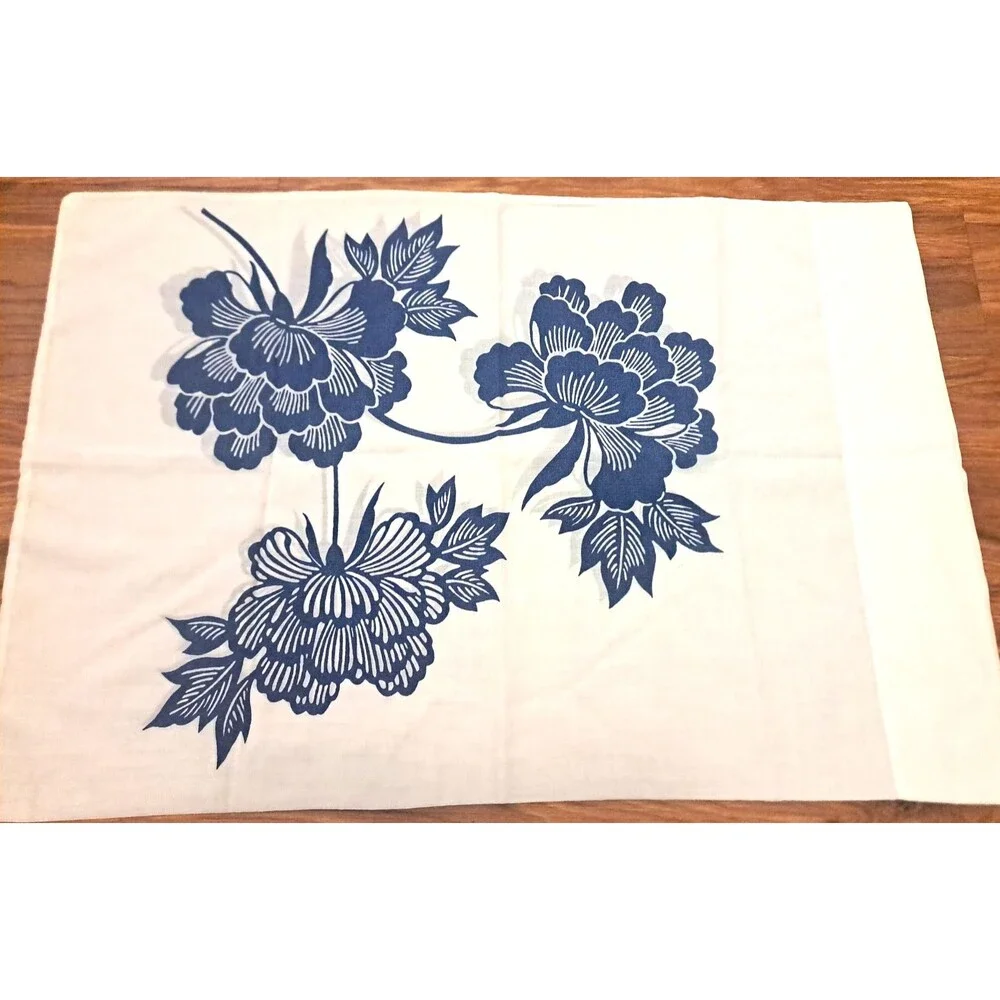 Navy Blue Lotus Flower Pillowcases Standard Floral Cottage Boho Retro Chic